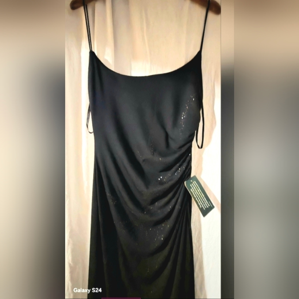 Elegant Spaghetti Strap Evening Gown Black Sparkles Along Side LRG NWT Low Back.